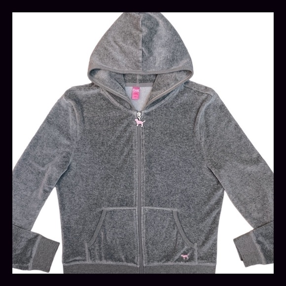Y2K Victoria’s Secret Pink Gray Velvet Zip Hoodie Size Large - Picture 1 of 11